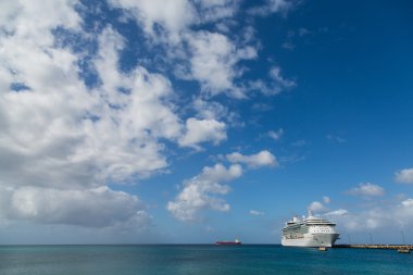 Kırmızı yük gemisi ile limanda gemi cruise