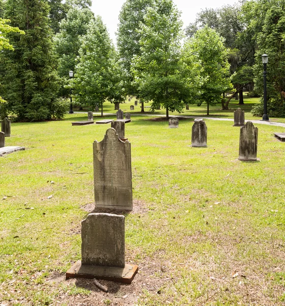 Oude grafstenen op groen gras gedragen — Stockfoto