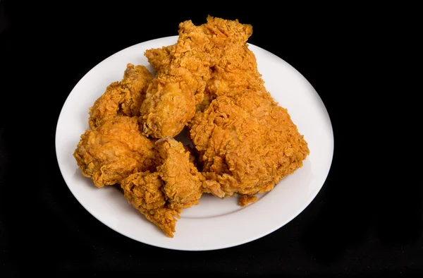 Fried Chicken on White Plate and Black Background — Stock Photo, Image