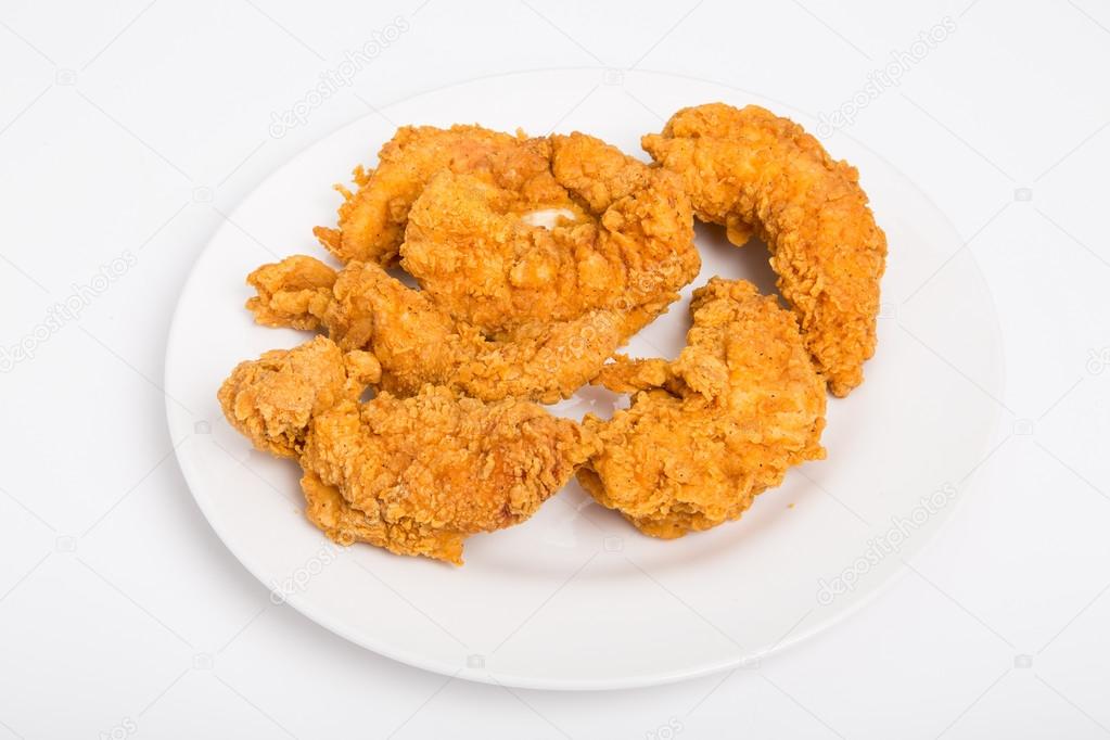 Fried Chicken Strips on White Plate and Background