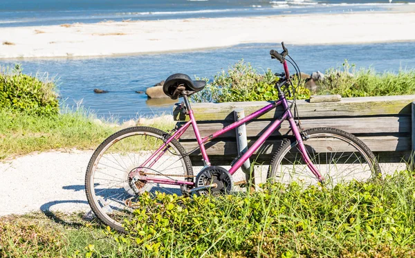 Vieja bicicleta púrpura apoyada en el banco junto al mar —  Fotos de Stock