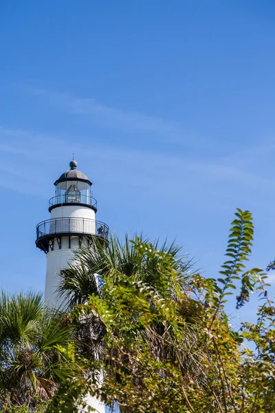 White Lighthouse on Blue Beyond Green — Stock Photo, Image