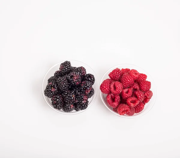 Blackberries and Raspberries in Cups on White with Copy Space.jp — Stock Photo, Image
