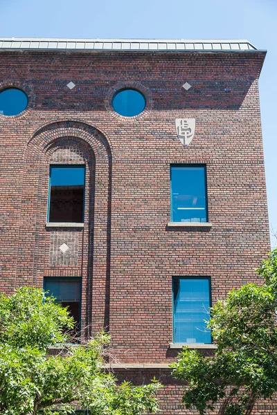 Ventanas en el antiguo edificio de ladrillo con cresta de cemento — Foto de Stock