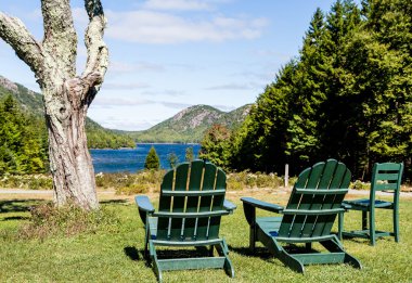 Göle bakan yeşil Adirondack sandalyeler