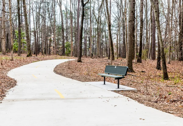 由混凝土行走路径在冬季公园的长椅上 — 图库照片