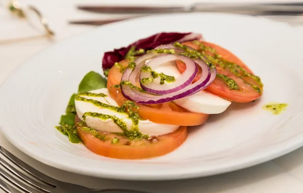Caprese Salad med løk og Pesto – stockfoto