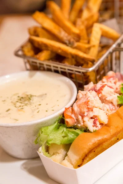 Lobster Roll and Bisque with French Fries — Stock Photo, Image