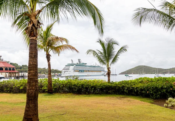 Cruise schip buiten palmbomen in Bay — Stockfoto