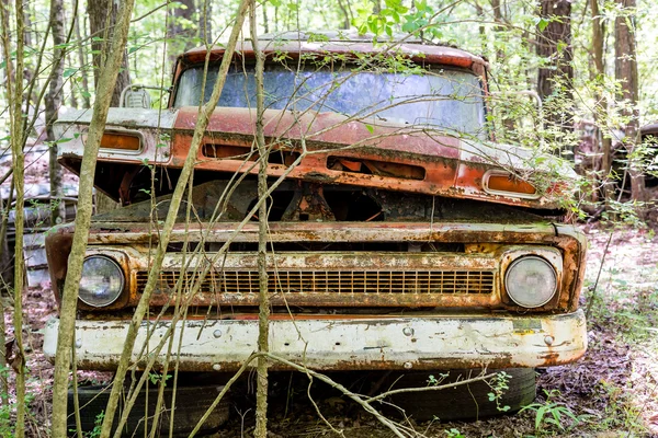 Zničil červený Pickup v lese — Stock fotografie