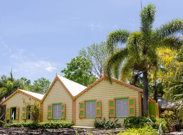 Edificio tropical amarillo bajo palmeras — Foto de Stock