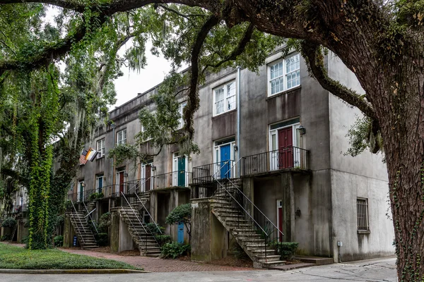 Portes colorées sur les vieux appartements en plâtre — Photo