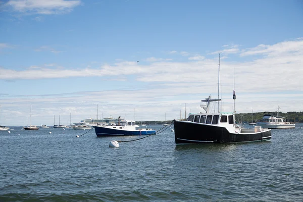 Schwarze und blaue Boote im Hafen festgemacht — Stockfoto