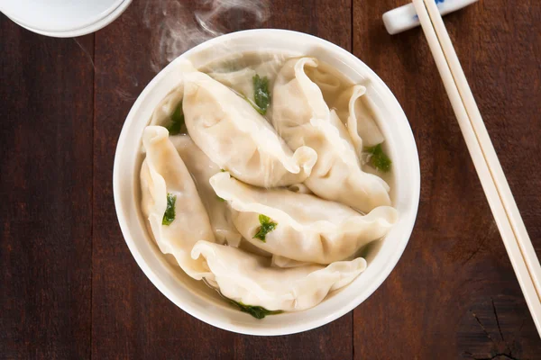 Top view Asian cuisine dumplings soup — Stock Photo, Image