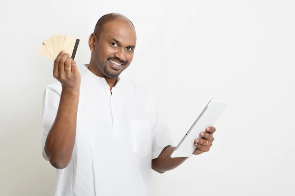 Mature casual business Indian man online payment — Stok fotoğraf