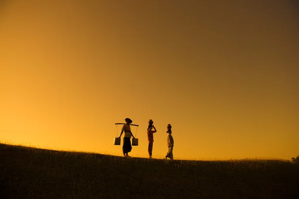 Silhouette der Gruppe asiatischer traditioneller Bauern — Stockfoto