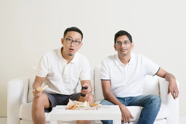 stock image Men friends watching sport match on tv