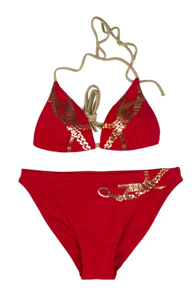 Red swimsuit with a gold pattern — Stock Photo, Image