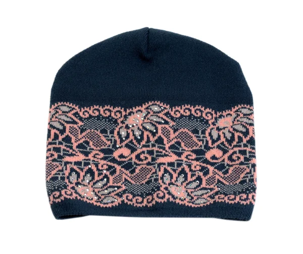 Dark knitted hat with a pink pattern. — Stock Photo, Image
