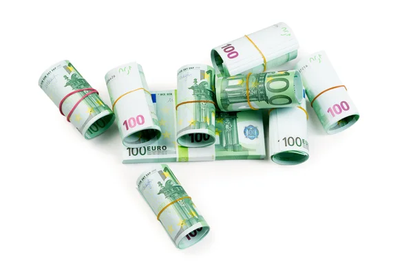 Eurobankbiljetten in stapels en rollen isoleren — Stockfoto