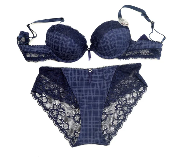 Blue checkered set of lingerie, push-up. — Stock Photo, Image