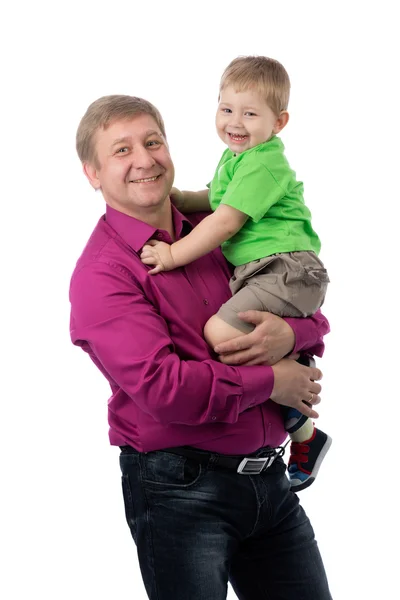 Portret van een vader en een drie jaar oude zoon in de studio. — Stockfoto