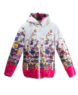 Down jacket with a bright floral pattern