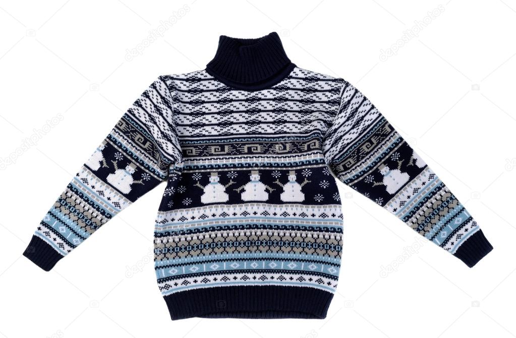 Knitted sweater with a snowman pattern.