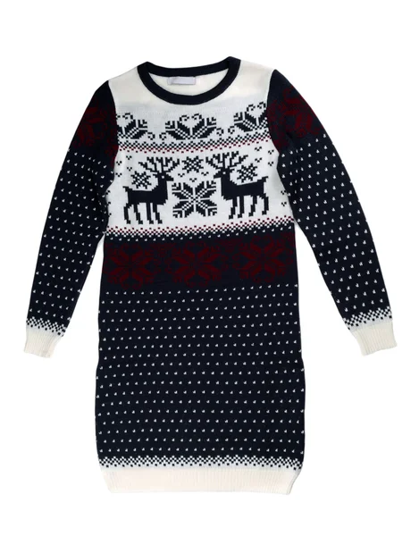 Knitted sweater dress with a pattern of deer. — Stock Photo, Image