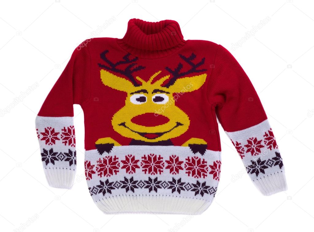 Red knitted sweater with a deer.