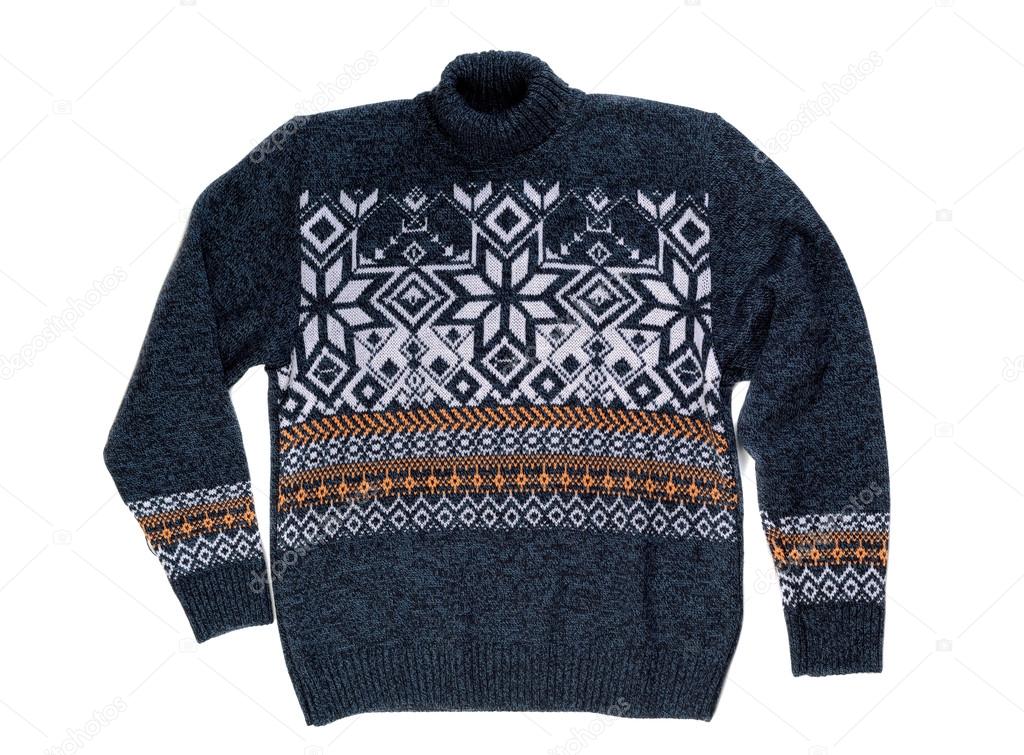 Knitted sweater with snowflake pattern.