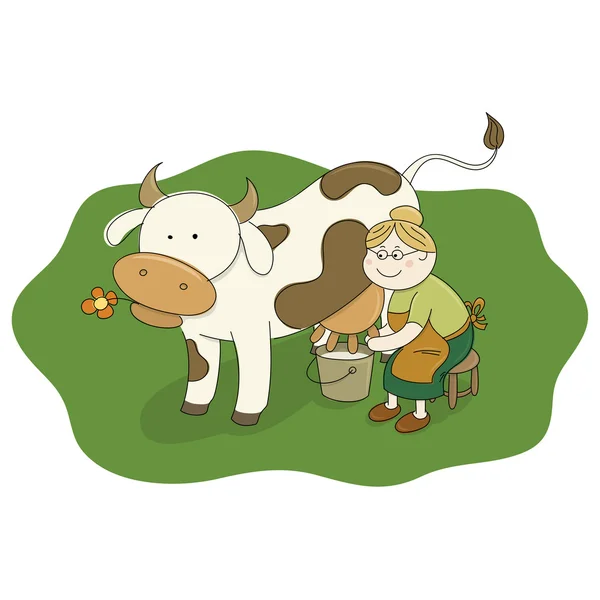 Milkmaid Milking a Cow — Stock Vector