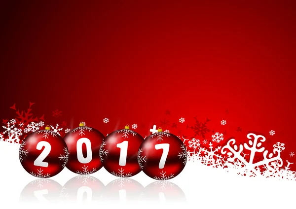 2017 uusi vuosi kuva joulupallot ja lumihiutaleet punaisella taustalla — kuvapankkivalokuva