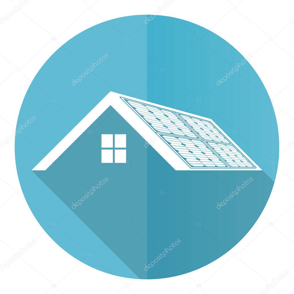 Solar panels on roof of a house, clean energy, power blue vector icon, flat design illustration in eps 10