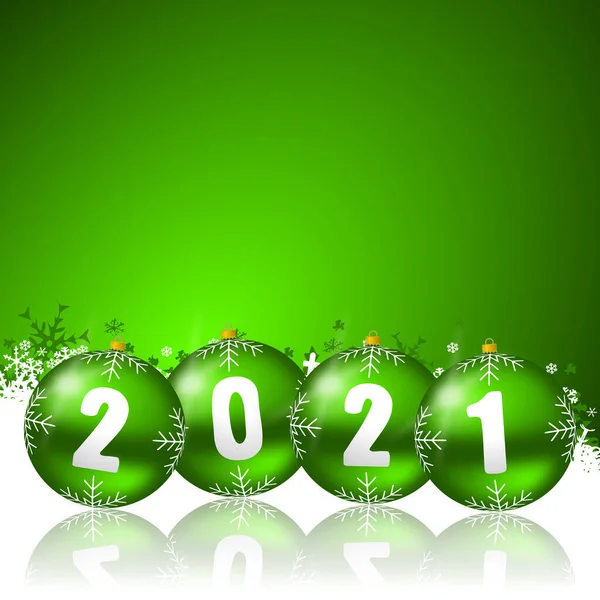 Nytt 2021 Illustration Med Julbollar Och Snöflingor Grön Bakgrund — Stockfoto