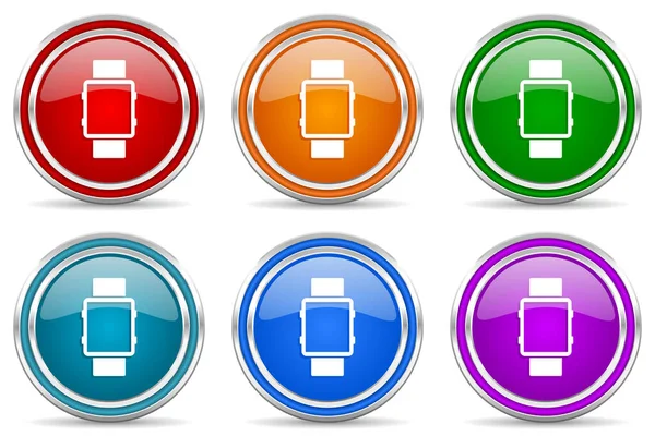 Smartwatch Silver Metallic Glossy Icons Set Modern Design Buttons Web —  Fotos de Stock