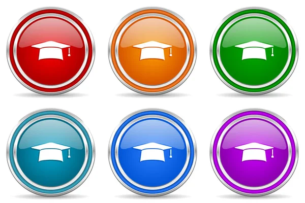 Graduación Gorra Educación Plata Iconos Brillantes Metálicos Conjunto Botones Diseño — Foto de Stock