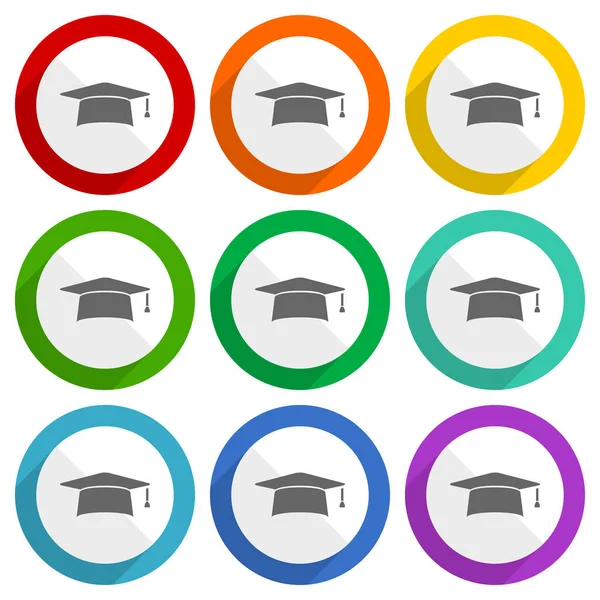 Graduation Cap Education Vector Icons Set Colorful Flat Design Buttons — Stock Photo, Image