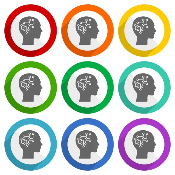 Человеческая Голова Мозг Человек Векторные Иконки Набор Красочных Плоских Кнопок — стоковое фото
