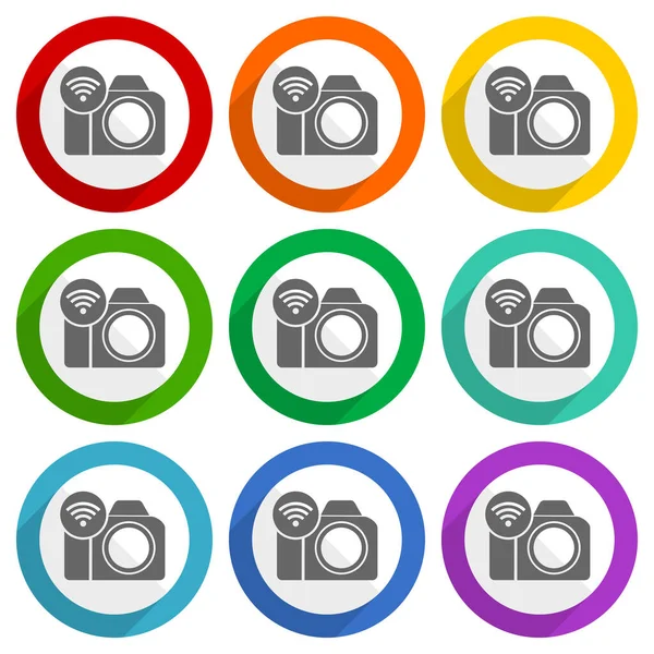 照相相机 无线矢量图标 一组彩色平面设计按钮 用于网页设计和移动应用程序 — 图库照片