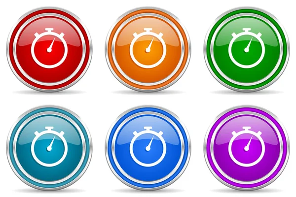 Stopwatch Silver Metallic Glossy Icons Set Modern Design Buttons Web — Stock Photo, Image