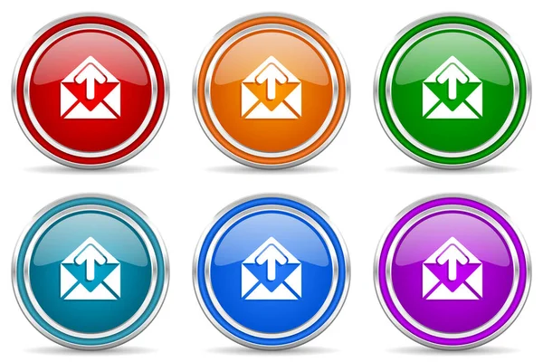 电子邮件银质金属光泽图标 一套现代设计按钮 用于网络 互联网和移动应用6种颜色的选择 独立于白色背景 — 图库照片