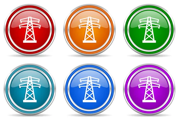 Power Energy Tower Silver Metallic Glossy Icons Set Modern Design — Stock Photo, Image