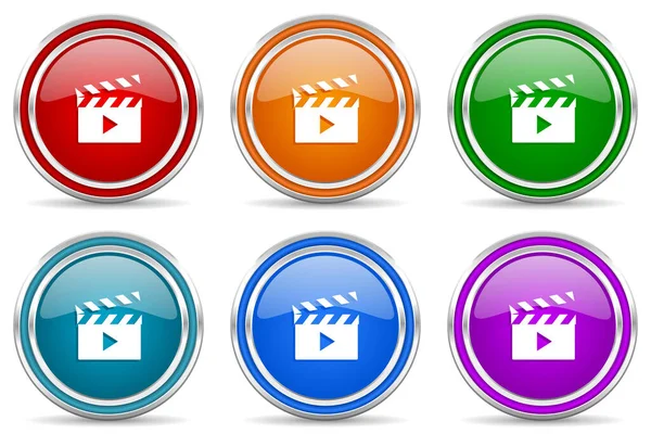 Video Silver Metallic Glossy Icons Set Modern Design Buttons Web — Stock Photo, Image