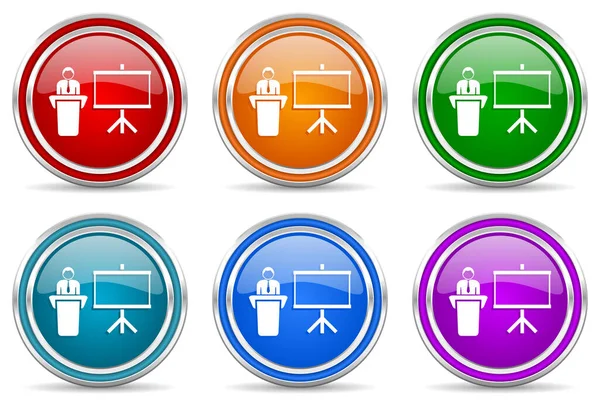 Seminar Training Silver Metallic Glossy Icons Set Modern Design Buttons — Stock Photo, Image