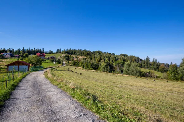 Camino Tierra Beskids Silesia Paisaje Montaña Con Pequeño Pueblo Cerca — Foto de Stock