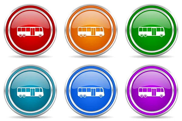 Bus Ezüst Fém Fényes Ikonok Készlet Modern Design Gombok Web — Stock Fotó