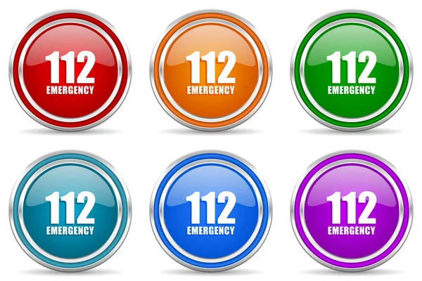 Numer Alarmowy 112 Srebrne Metaliczne Ikony Błyszczące Zestaw Nowoczesnych Przycisków — Zdjęcie stockowe