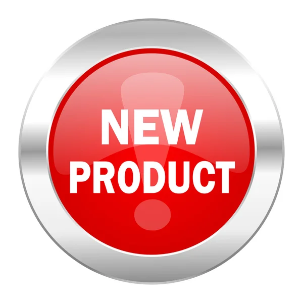 Yeni ürün kırmızı daire chrome web simgesi izole — Stok fotoğraf