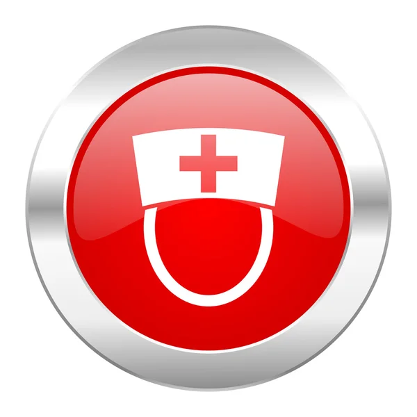 Enfermeira vermelho círculo cromo web ícone isolado — Fotografia de Stock